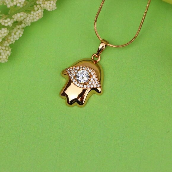 "White Evil Eye Hamsa Pendant in Gold Plated Brass – Sparkling Charm, XPPT1755 - Picture 8 of 13